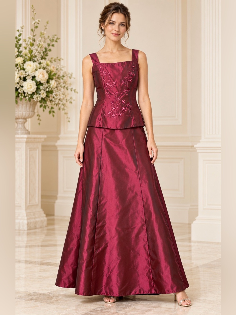 Jessica McClintock Burgundy Embroidered Top Long Skirt Set Size 4